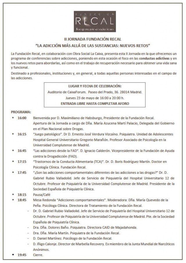 II JORNADA FUNDACI&Oacute;N RECAL: "LA ADICCI&Oacute;N MAS ALL&Aacute; DE LAS SUSTANCIAS: NUEVOS RETOS"